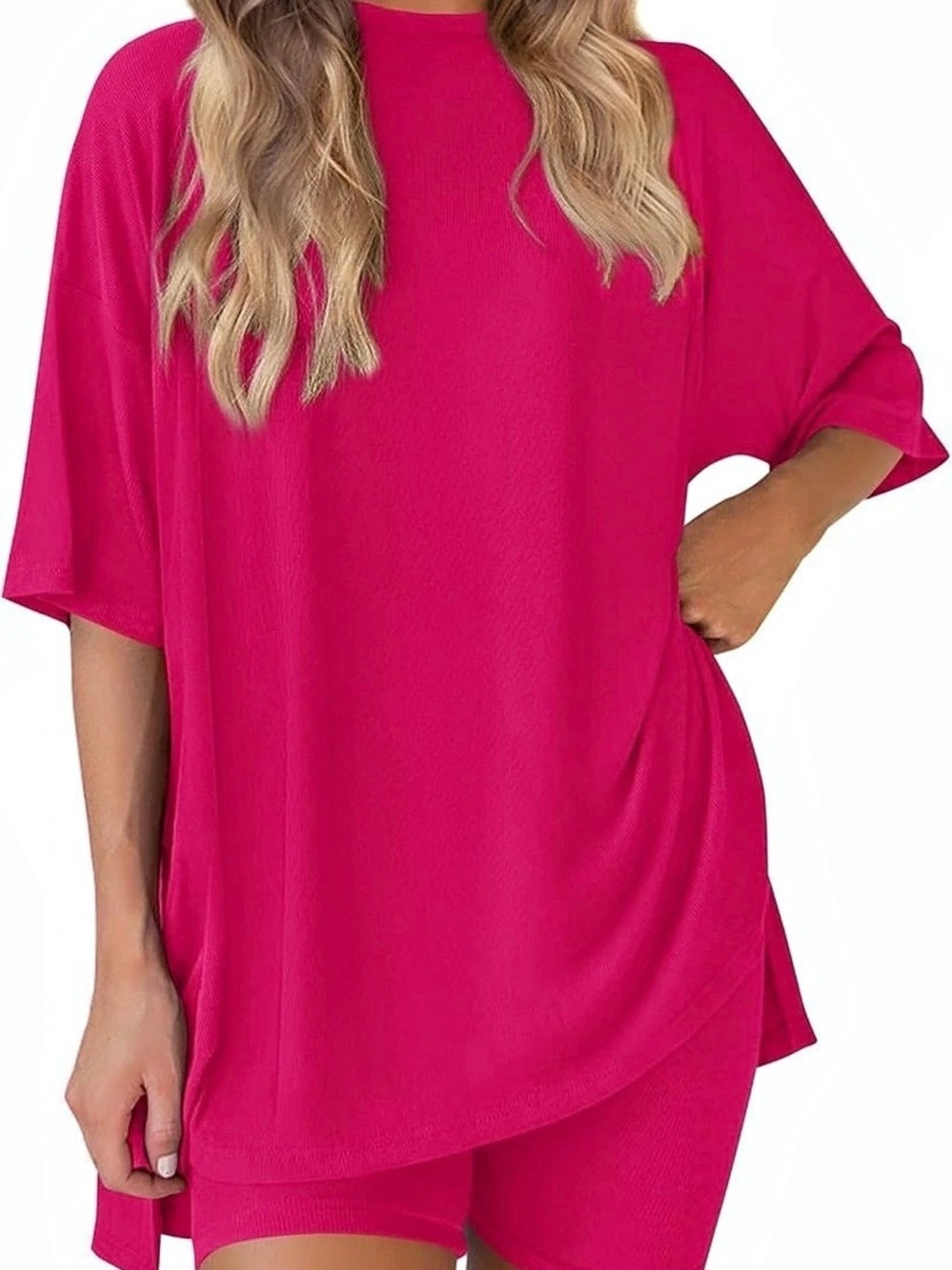 PrettyGarden Crewneck Two-Piece Set With Biker Shorts Pink Small